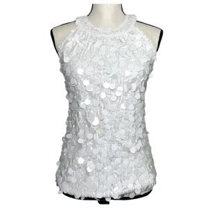 White Sequin Embellished Halter Top Size Small Sparkly Sleeveless Blouse Stretch